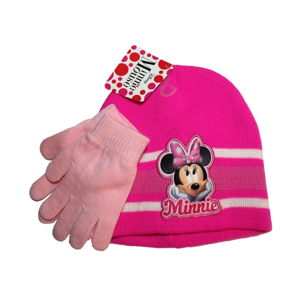 Disney Minnie Mouse Hot Pink Knit Beanie Winter Hat‎ Light Pink Gloves NWT